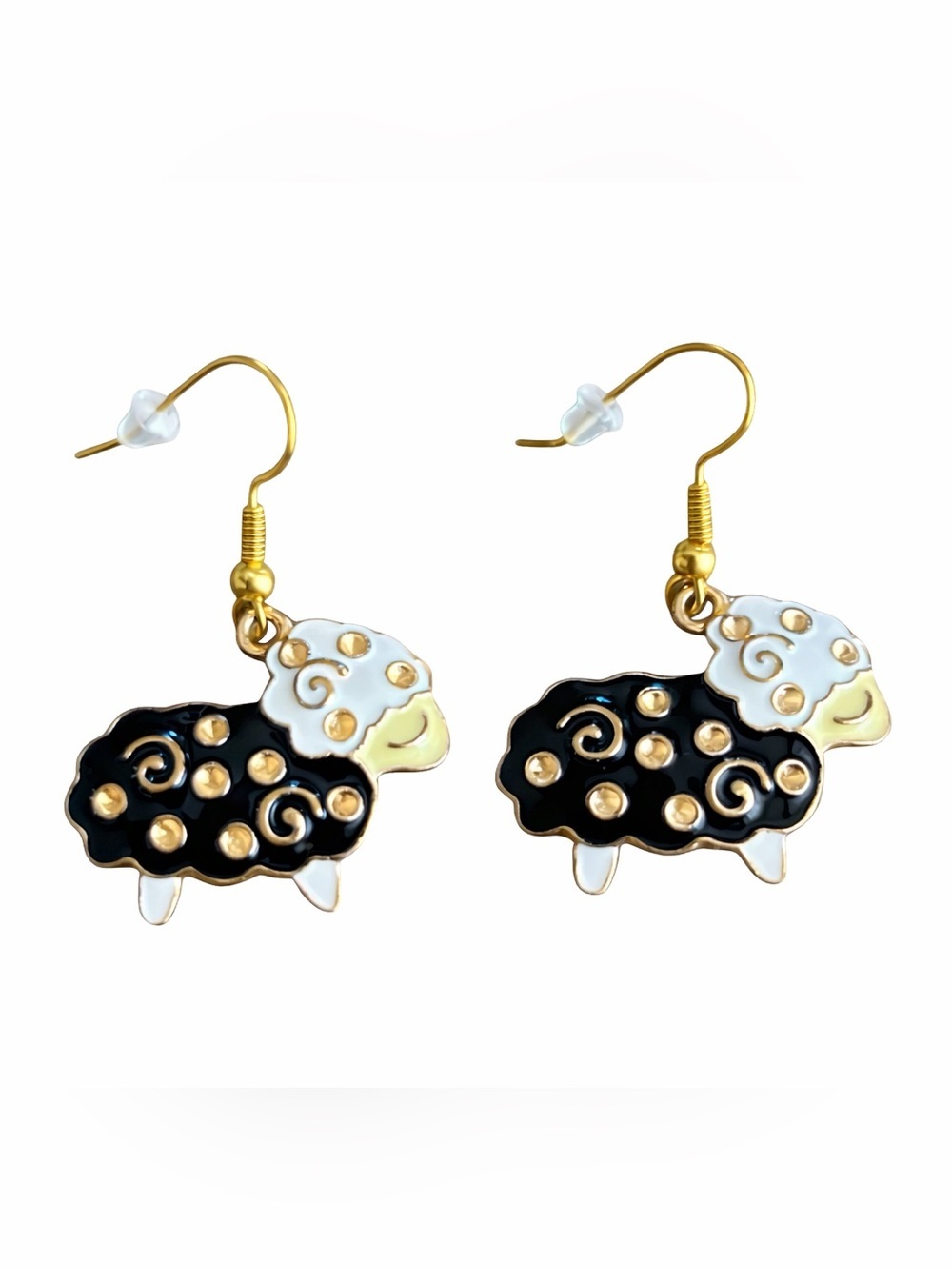 5/$25 Whimsical Sheep Dangle Earrings – Black & Gold Enamel